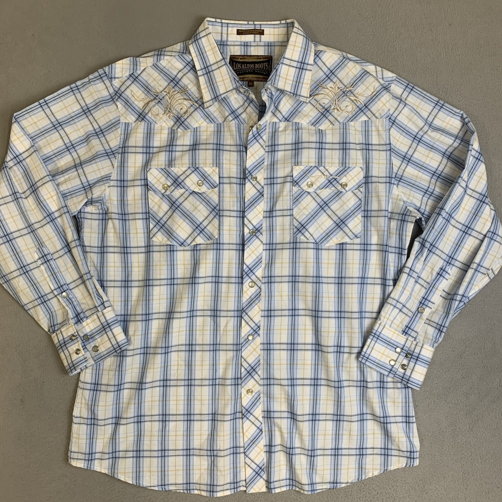 Los Altos Boots Shirt Men's Size XXLarge Button Up Long Sleeve Plaid Pearl Snaps